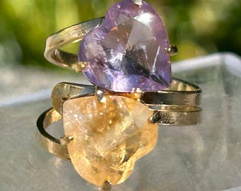 ADJ - Amatista natural y citrino - Anillo de doble corazón facetado - Brasil