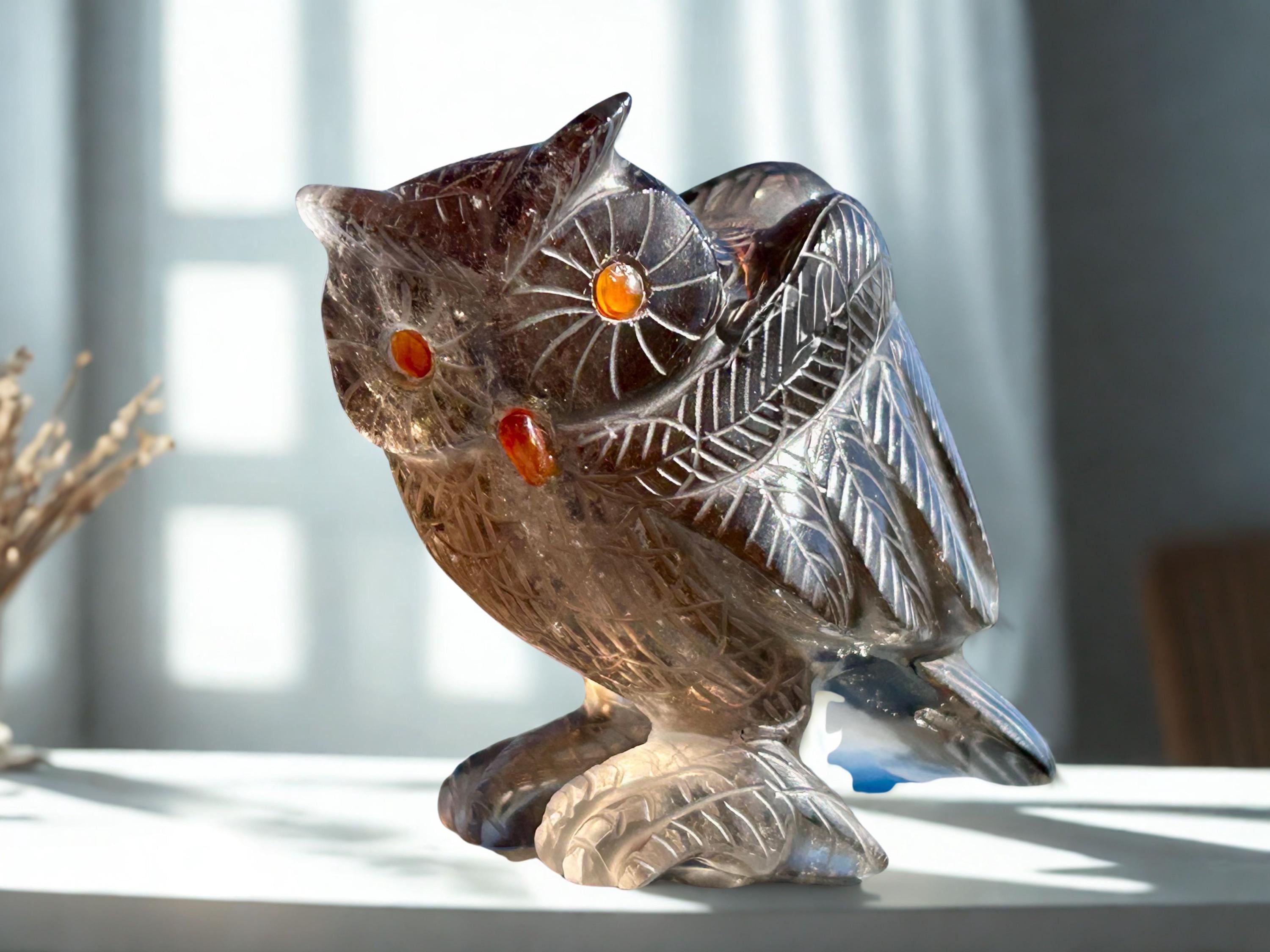 Smoky Quartz Owl Sculpture: Hand Carved Artist Estate, One Piece, Carnelian Accents, Vintage Brazili
