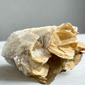 May include: A raw mineral specimen featuring layered, translucent, and opaque sheets in shades of cream, beige, and pale gold. The cluster displays a crystalline structure with thin, plate-like formations that overlap to create a textured, organic shape.
