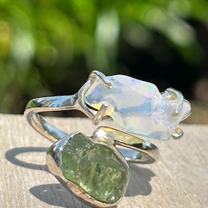 1- Unisex ADJ  Stunning Raw Ethopian Opal and Green Chrome Diopside  925 Statement Ring -1 of 2