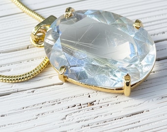 Rutilated Lemurian Quartz Oval Necklace, Unisex AAA Faceted Rare - Bright Gold Plated Brass, Brazil