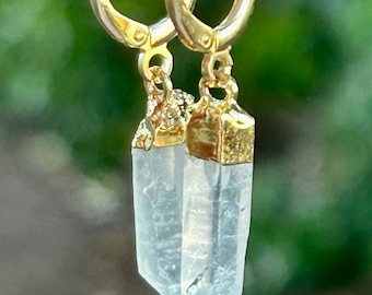 Tiny Lemurian Quartz Earrings – Gold Plated Brass, Brazil, Dainty Natural Point
