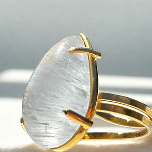 Phantom Quartz Adjustable Unisex Tear Statement Ring Gold Plated Brass Brazil Sourced