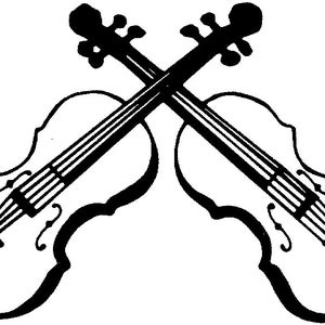 May include: Two black and white outline drawings of violins crossed over each other.
