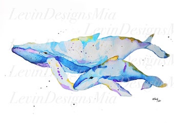 Blue Whale Watercolor Digital Print, Mother and baby whale, Wall Art, Photo, Photo Art, Whale Art, Whale Print