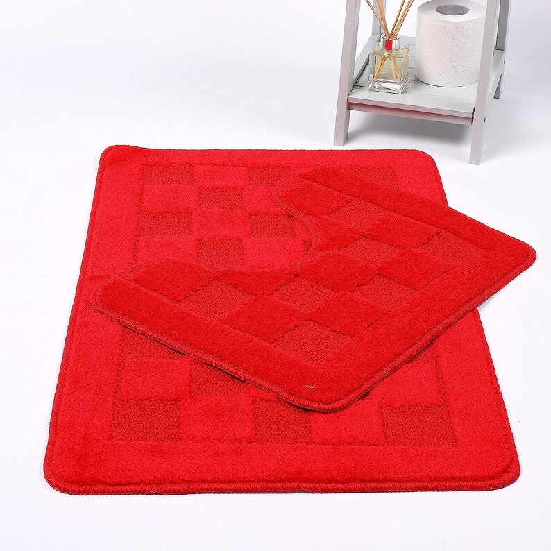 Squares 2 Piece Bath Mat & Pedestal Set Non Slip Extra Absorbent Square