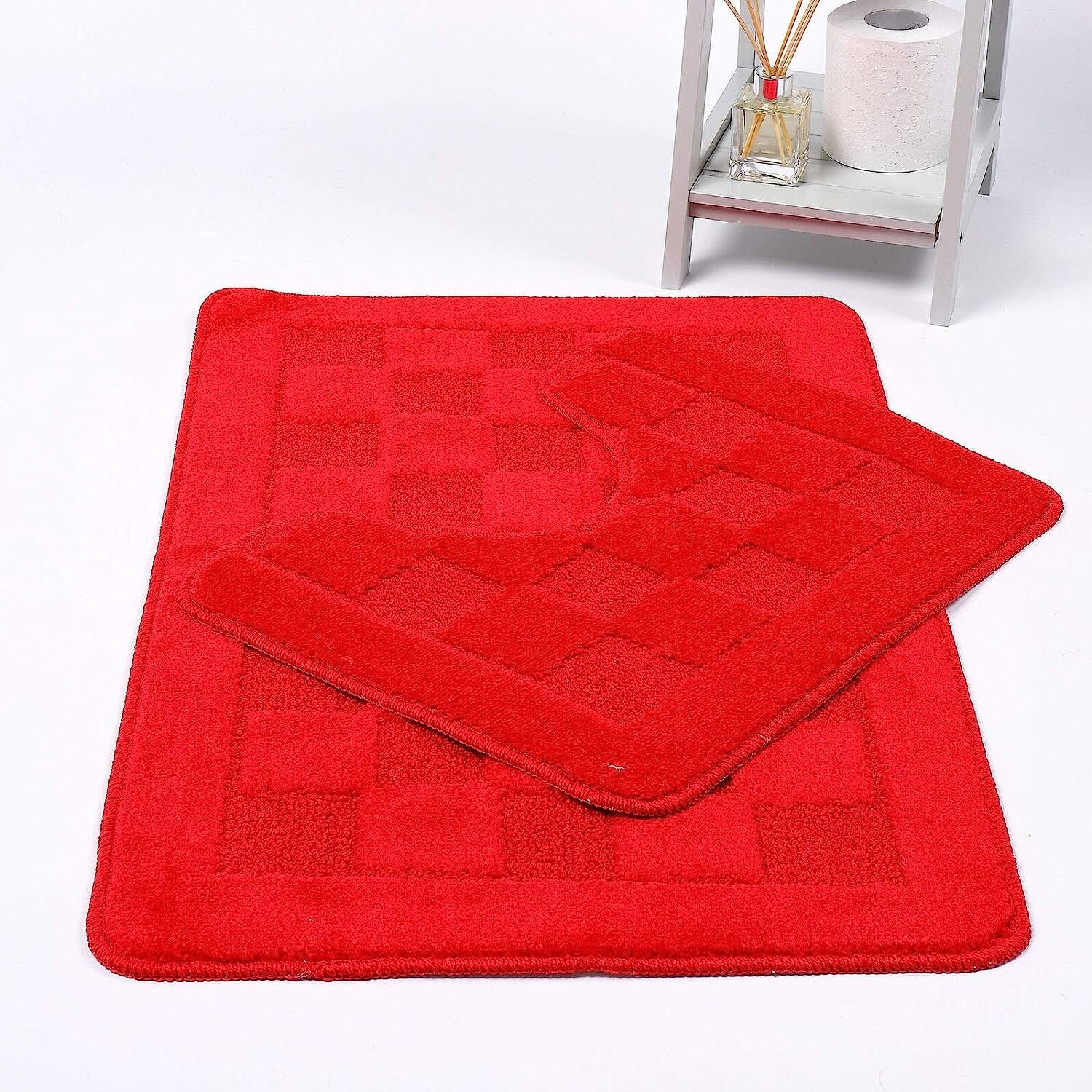 Squares 2 Piece Bath Mat & Pedestal Set Non Slip Extra Absorbent Square