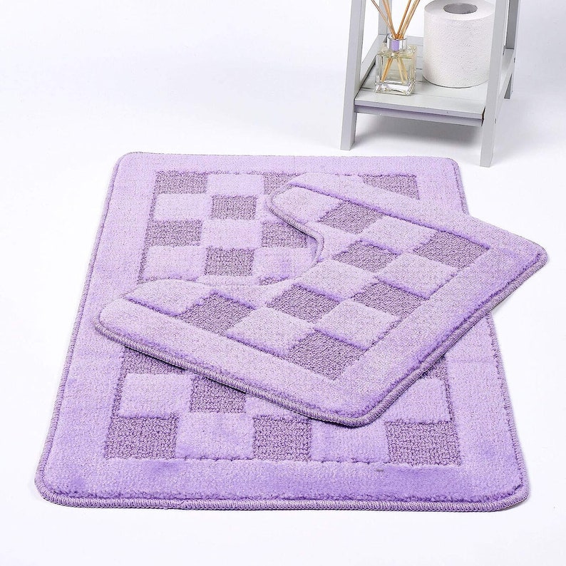 Squares 2 Piece Bath Mat & Pedestal Set Non Slip Extra Absorbent Square