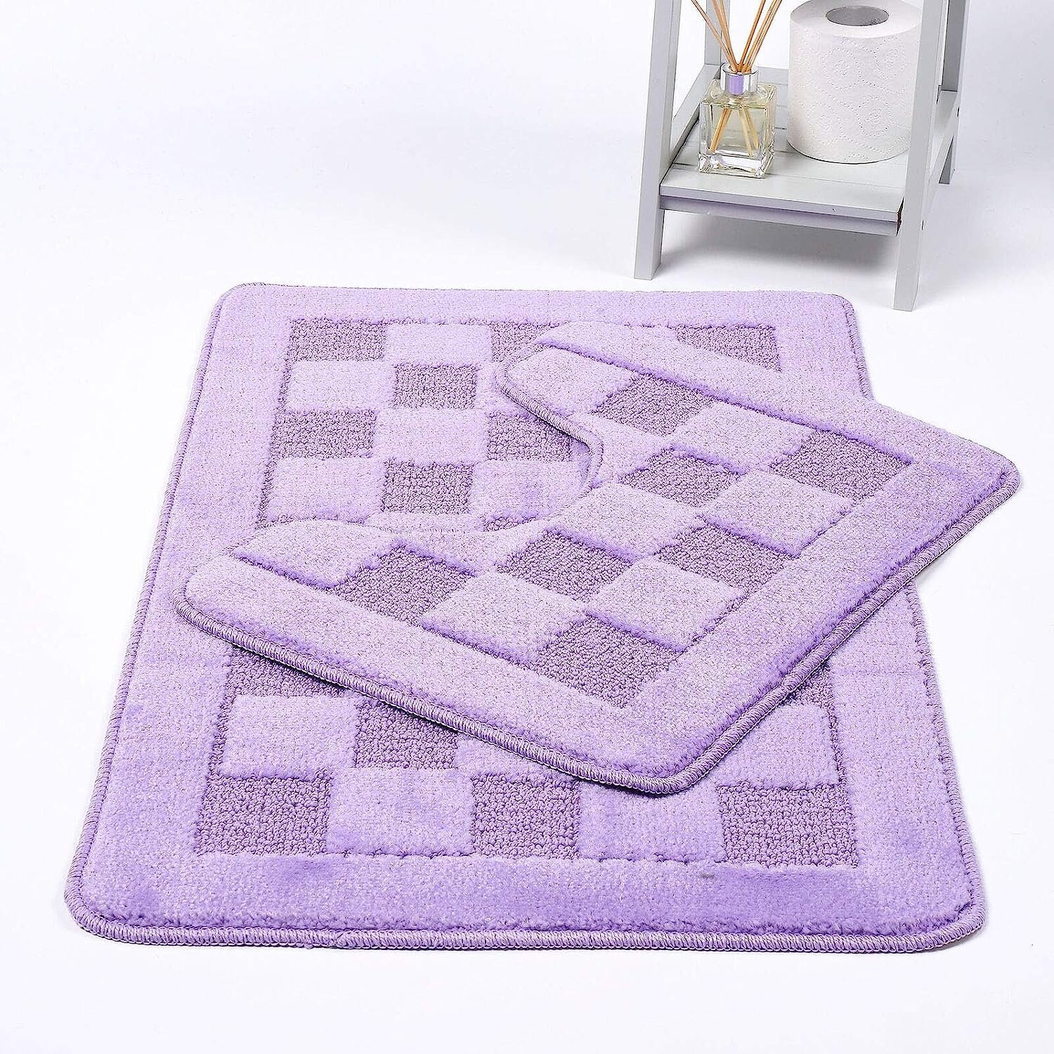 Squares 2 Piece Bath Mat & Pedestal Set Non Slip Extra Absorbent Square