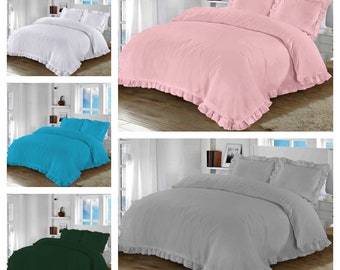 Santiago Duvet Cover Bedding Set Frilled Edge Easy Care Polycotton Plain Pattern Ruffle Frill Corner with Pillowcases