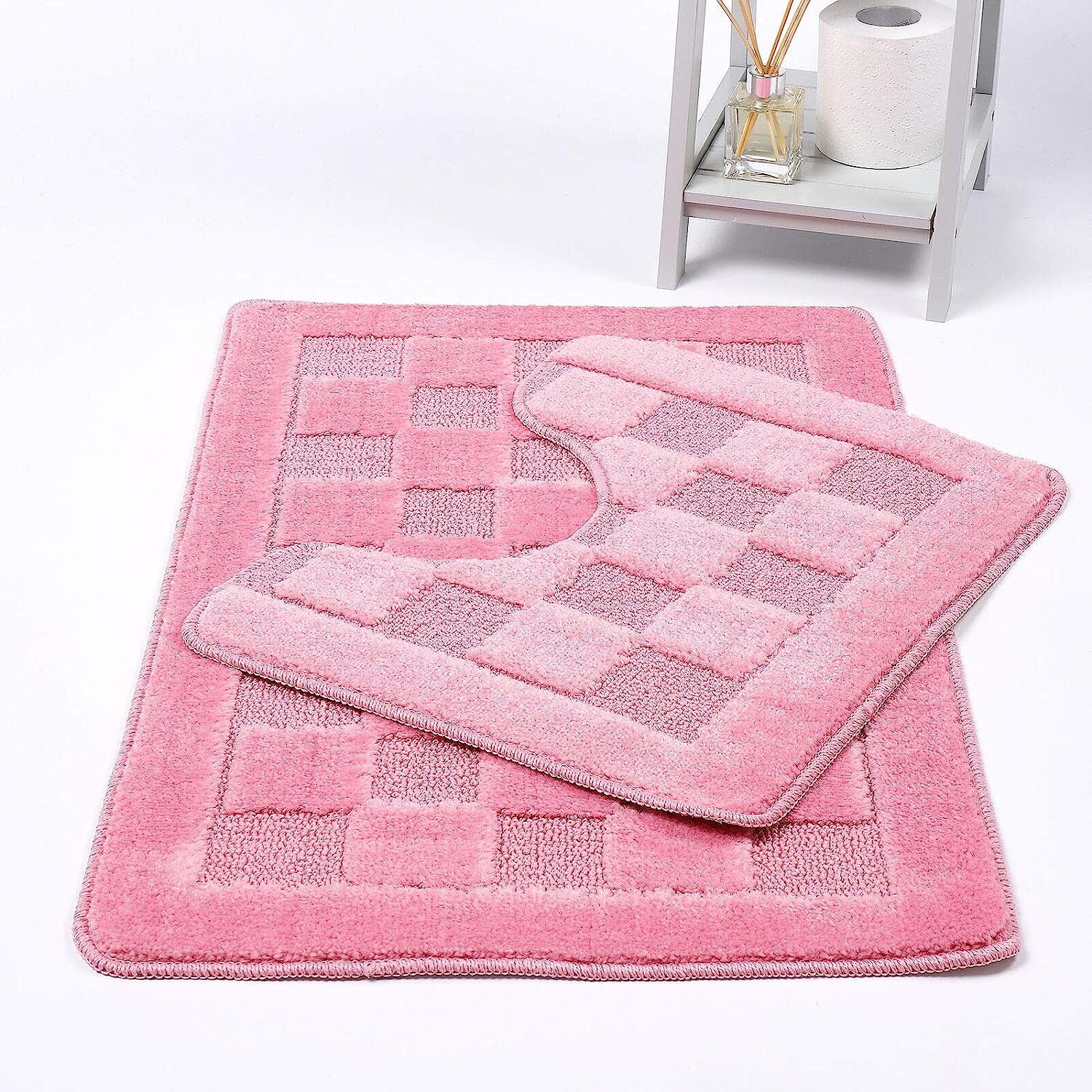 Squares 2 Piece Bath Mat & Pedestal Set Non Slip Extra Absorbent Square