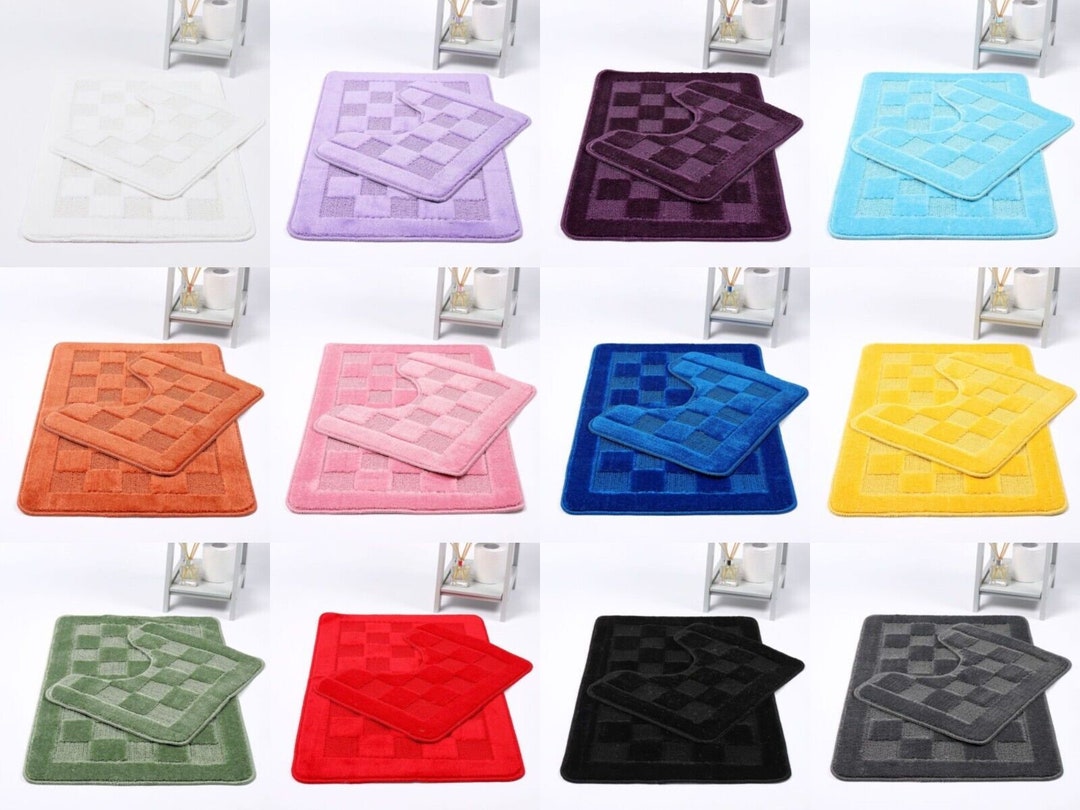 Squares 2 Piece Bath Mat & Pedestal Set Non Slip Extra Absorbent Square