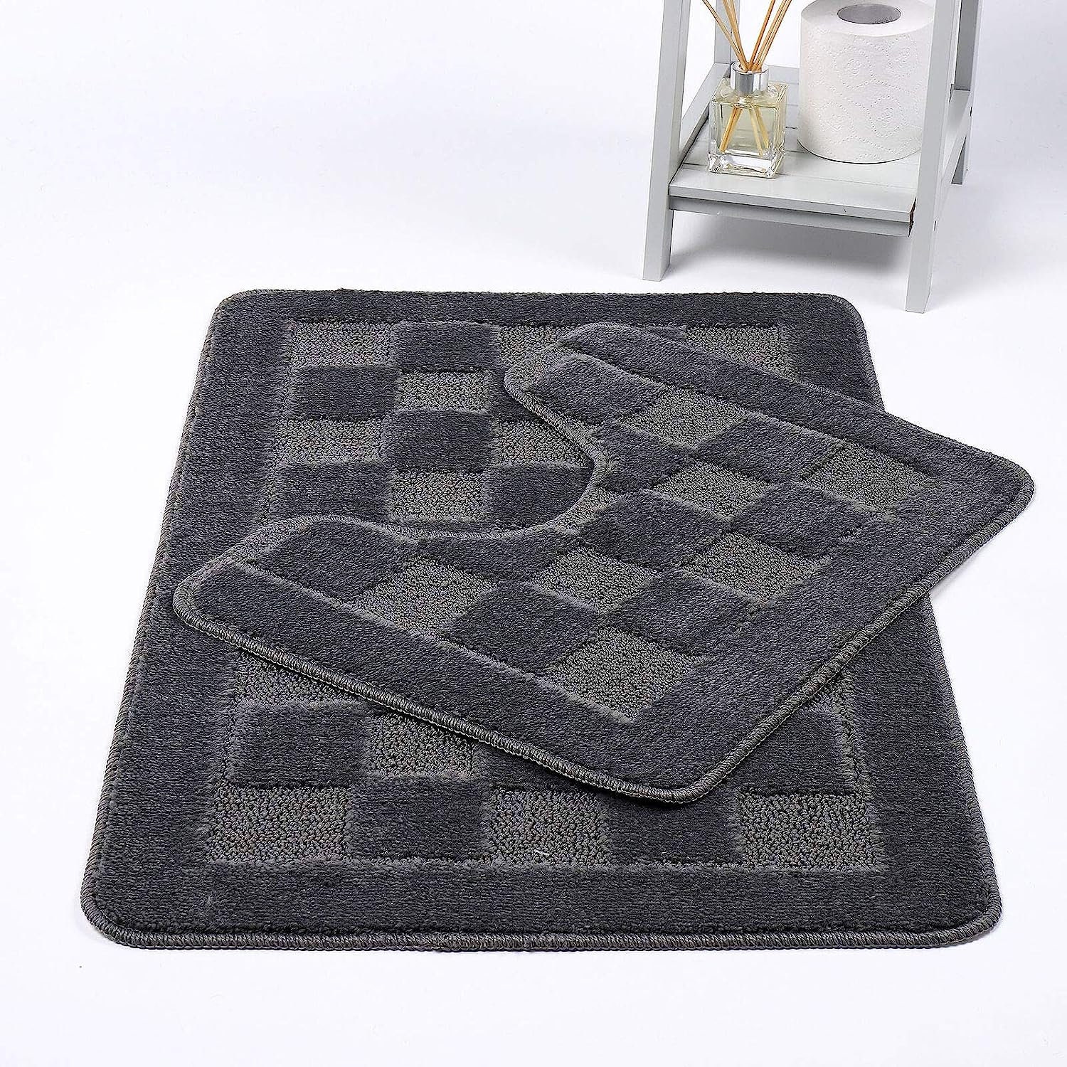 Squares 2 Piece Bath Mat & Pedestal Set Non Slip Extra Absorbent Square ...