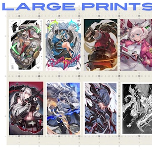 Könnte beinhalten: Eine Sammlung von zehn vertikalen Kunstdrucken mit Illustrationen im Anime-Stil. Die Drucke zeigen Charaktere in dynamischen Posen, mit leuchtenden Farben und detaillierten Kunstwerken. Der Text "LARGE PRINTS" wird oben angezeigt.