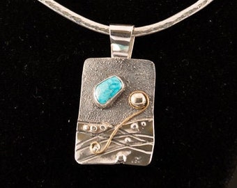 argentium sterling silver and turqouise pendant with gold and silver beads accent