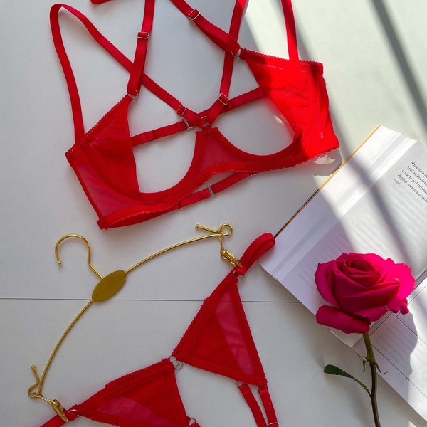 Set lingerie sexy/erotique, red lingerie set, two pieces lingerie set, lace lingerie, transparent lingerie, bdsm lingerie set, underwear