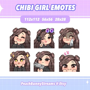 Cute Chibi Girl Twitch Discord Emote Pack (Set 2) / Juegos / Streamer / Kawaii Funny / Space Buns / Dark Brown Hair / Brown Eyes