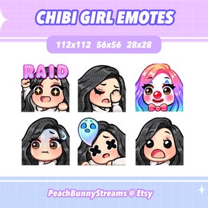 Cute Chibi Girl Twitch Discord Emote Pack (Set 3) | Gaming | Streamer Streaming| Kawaii Funny | Side Part | Black Hair | Dark Brown Eyes