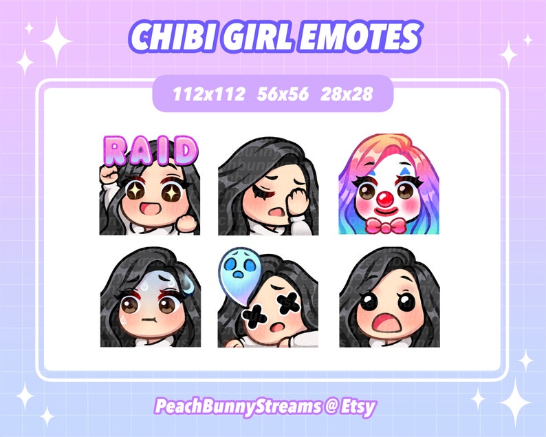 Pode incluir: Conjunto de seis ilustra&ccedil;&otilde;es digitais de uma menina com diferentes express&otilde;es. A menina tem cabelo comprido e preto e est&aacute; vestindo uma camisa branca. As express&otilde;es incluem: surpresa, choro, tristeza, alegria, medo e um palha&ccedil;o.