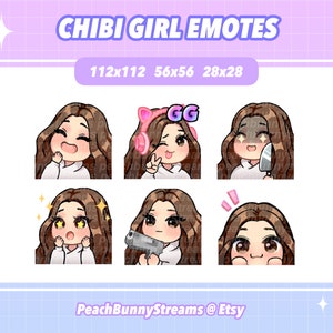 Cute Chibi Girl Twitch Discord Emote Pack (Set 2) / Juegos / Streaming / Streamer / Divertido / Cabello castaño / Ojos marrones oscuros