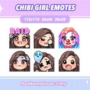 Cute Chibi Girl Twitch Discord Emote Pack (Set 3) / Juegos / Streamer Streaming / Kawaii Funny / Parte lateral / Cabello castaño oscuro / Ojos marrones