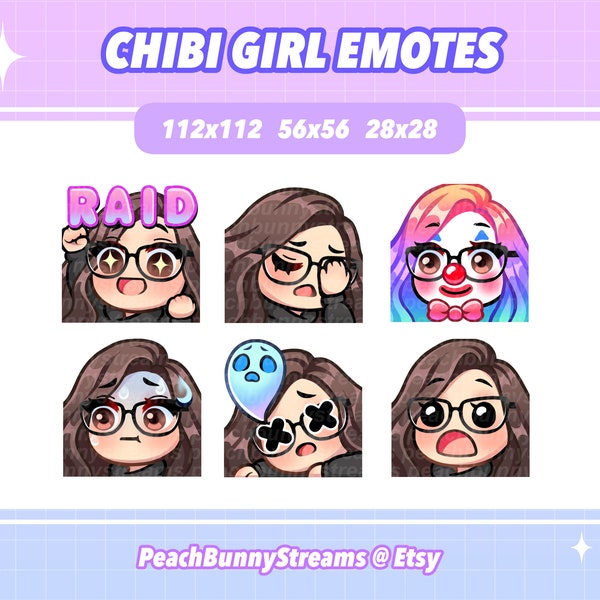 Cute Chibi Girl Twitch Discord Emote Pack (Set 3) | Gaming | Streamer | Kawaii Funny | Side Part | Dark Brown Hair | Brown Eyes | Glasses