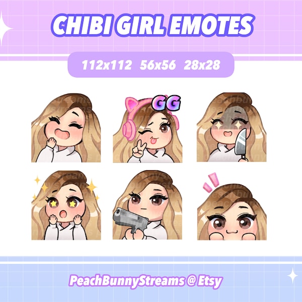 Cute Chibi Girl Twitch Discord Emote Pack (Set 2) | Gaming | Streamer | Kawaii Funny | Side Part | Blonde Hair Brown Roots| Brown Eyes