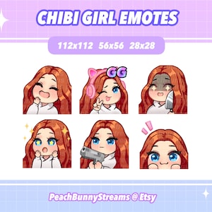 Pode incluir: Conjunto de seis ilustrações digitais de uma menina chibi com diferentes expressões. A menina tem cabelo comprido e ruivo e está usando um moletom branco com capuz. As ilustrações são de vários tamanhos, incluindo 112x112, 56x56 e 28x28 pixels.
