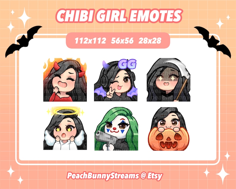 May include: Six different animated emotes featuring a chibi girl in various poses and expressions. The emotes are in a grid format with the text "GG" on one of the emotes. The emotes are in different colors, including red, black, green, and white.