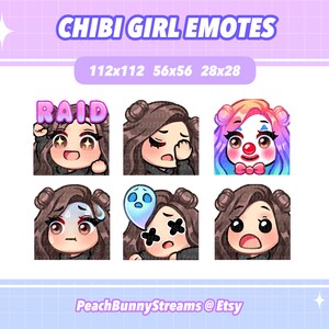 Cute Chibi Girl Twitch Discord Emote Pack (Set 3) / Juegos / Streamer Streaming / Kawaii Funny / Spacebuns / Cabello castaño oscuro / Ojos marrones