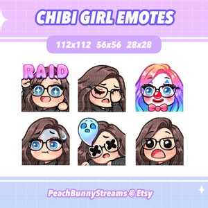 Cute Chibi Girl Twitch Discord Emote Pack (Set 3) | Gaming | Streamer | Kawaii Funny | Side Part | Dark Brown Hair | Blue Eyes | Glasses