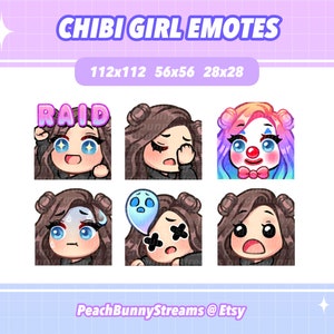 Cute Chibi Girl Twitch Discord Emote Pack (Set 3) | Gaming | Streamer Streaming| Kawaii Funny | Spacebuns | Dark Brown Hair | Blue Eyes