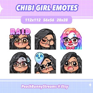 Cute Chibi Girl Twitch Discord Emote Pack (Set 3) | Gaming| Streamer Streaming|Kawaii Funny| Glasses| Tan Skin| Black Hair| Dark Brown Eyes