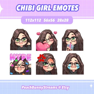 Cute Chibi Girl Twitch Discord Emote Pack | Gaming | Streaming | Streamer | Dark Brown Hair | Glasses | Green Eyes