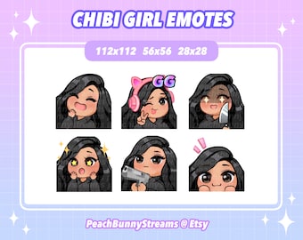 Pacote de Emotes Cute Chibi Girl Twitch Discord (Conjunto 2) | Jogos | Kawaii Engraçado | Flâmula | Cabelo Preto | Bronzeado | Olhos castanhos escuros