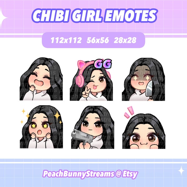 Cute Chibi Girl Twitch Discord Emote Pack (Set 2) | Jeux | Streaming | Streamer | Kawaii | Cheveux noirs | Partie médiane | Yeux marron foncé