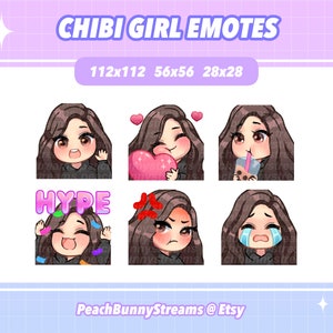 Chibi Girl Twitch Discord Emote Pack | Gaming | Streaming | Dark Brown Hair | Sidepart | Light Brown Eyes |