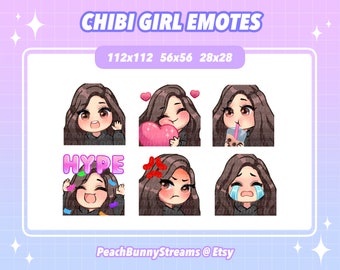 Chibi Girl Twitch Discord Emote Pack | Gaming | Streaming | Dark Brown Hair | Sidepart | Light Brown Eyes |