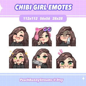 Cute Chibi Girl Twitch Discord Emote Pack (Set 2) / Juegos / Streaming / Streamer / Divertido / Cabello castaño oscuro / Ojos verdes