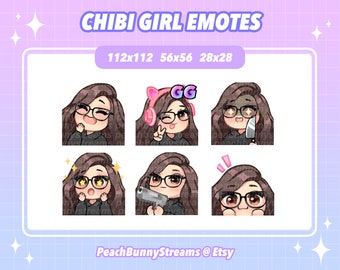 Cute Chibi Girl Twitch Discord Emote Pack (Set 2) | Gaming | Streamer | Kawaii Funny | Side Part | Dark Brown Hair | Brown Eyes | Glasses