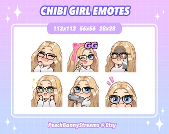 Cute Chibi Girl Twitch Discord Emote Pack (Set 2) | Gaming | Streamer | Kawaii Funny | Middle Part | Blonde Hair | Blue Eyes | Glasses