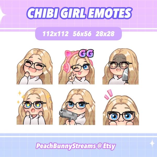 Süßes Chibi Girl Twitch Discord Emote Pack (Set 2) | Gaming | Streamer | Kawaii Lustige | Mittelteil | Blondes Haar | Blaue Augen | Gläser