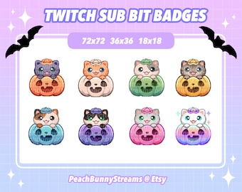 May include: Set of eight Twitch sub bit badges featuring cute cartoon cats wearing hats and sitting on jack-o'-lantern pumpkins. The badges are in various colors, including orange, green, purple, pink, and blue. The text "TWITCH SUB BIT BADGES" is at the top of the image. The text "72x72 36x36 18x18" is below the title. The text "PeachBunnyStreams @ Etsy" is at the bottom of the image.