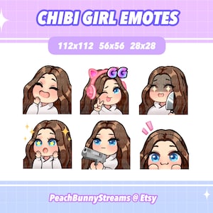 Cute Chibi Girl Twitch Discord Emote Pack (Set 2) | Gaming | Streaming | Streamer | Funny | Brown Hair | Middle Part | Blue Eyes