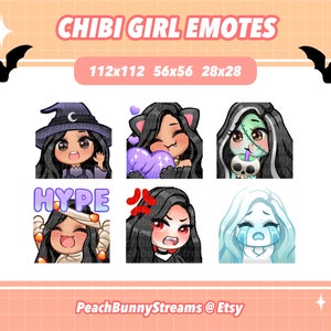 Halloween Chibi Girl Twitch Discord Emote Pack | Spooky Season | Witch | Gaming | Streaming | Black Hair | Tan Skin | Dark Brown Eyes