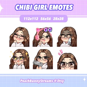 Cute Chibi Girl Twitch Discord Emote Pack (Set 2) | Gaming | Streaming | Streamer | Funny | Brown Hair | Dark Brown Eyes | Glasses