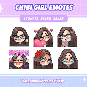 Cute Chibi Girl Twitch Discord Emote Pack | Gaming | Streaming | Streamer | Dark Brown Hair | Glasses | Blue Eyes