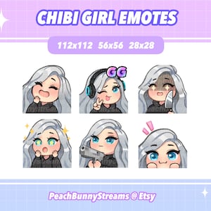 Cute Chibi Girl Twitch Discord Emote Pack (Set 2) | Gaming | Streaming |Kawaii Funny | Silver Hair | Blue Eyes