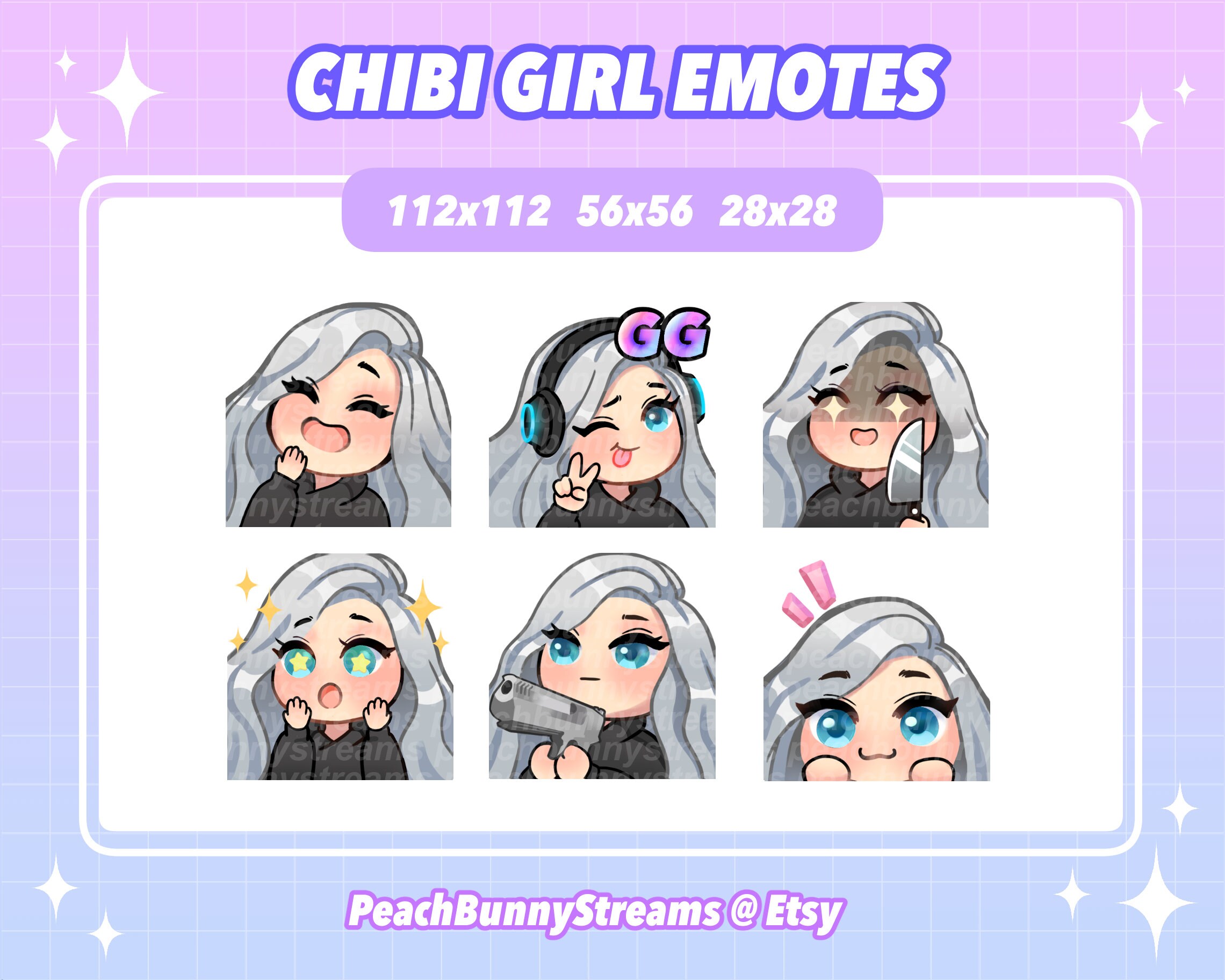 Cute Chibi Girl Twitch Discord Emote Pack (Set 2) | Gaming | Streaming |Kawaii Funny | Silver Hair | Blue Eyes