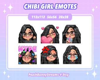 Pacote de Emotes Cute Chibi Girl Twitch Discord | Jogos | Flâmula | Kawaii Engraçado | Óculos com Parte Lateral | Cabelo Preto | Pele bronzeada